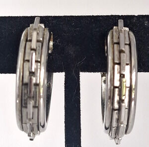 Vintage Silver Tone Chunky Brick Link Geometric Hoop Clip On Earrings PAT PEND